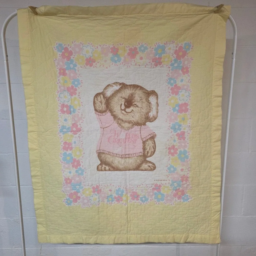 Vintage 1980 Hallmark Koala Bear Baby Quilt Yellow Floral Worlds Greatest